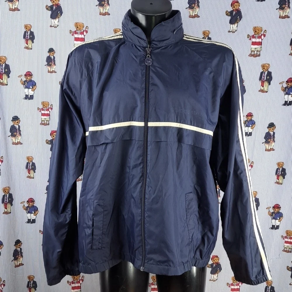 Vintage  Adidas 3 stripe sleeve hooded  navy & white XL windbreaker jacket